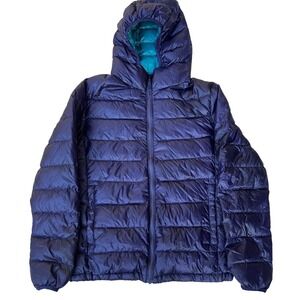 Kids Blue Lightweight Hooded Down Puffer Jacket Unisex Size 150 or US 10/12 Med